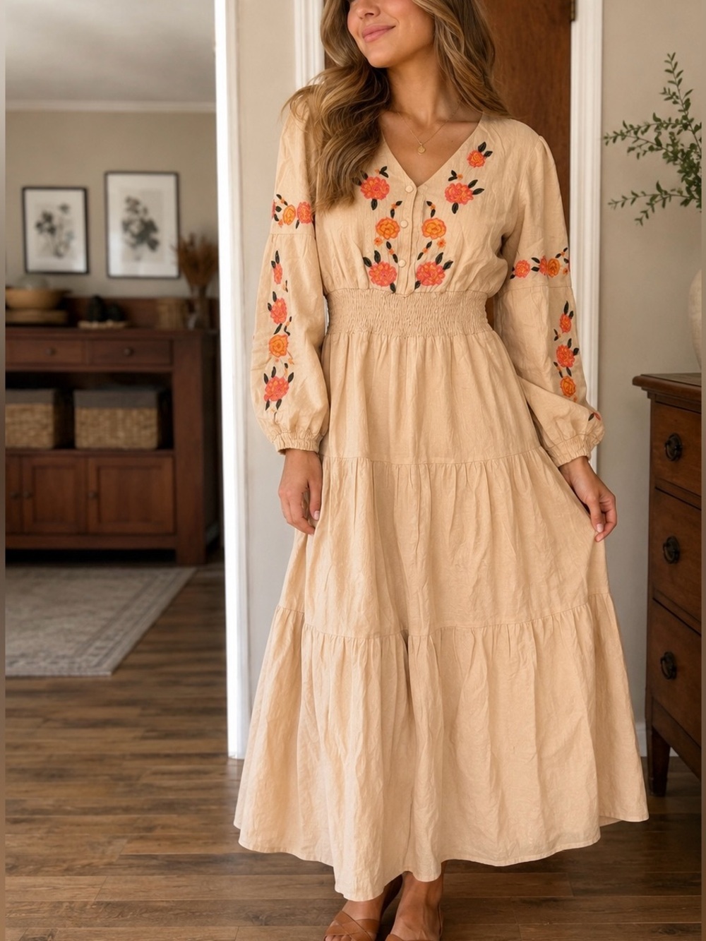Roolee Cream Dress with Pink and Orange Floral Embroidery
